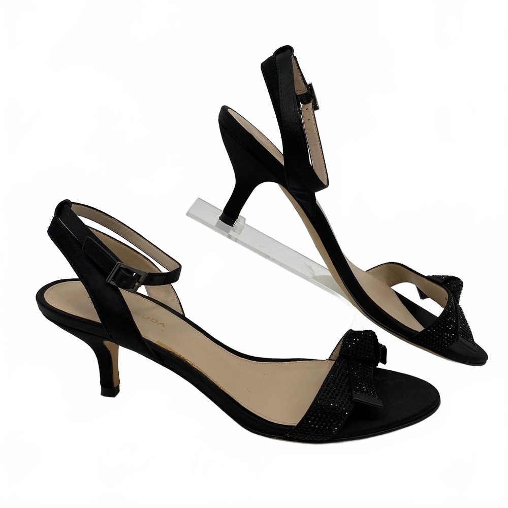 Pelle Moda Black Rhinestone Ankle Strap Heels | Leather 8